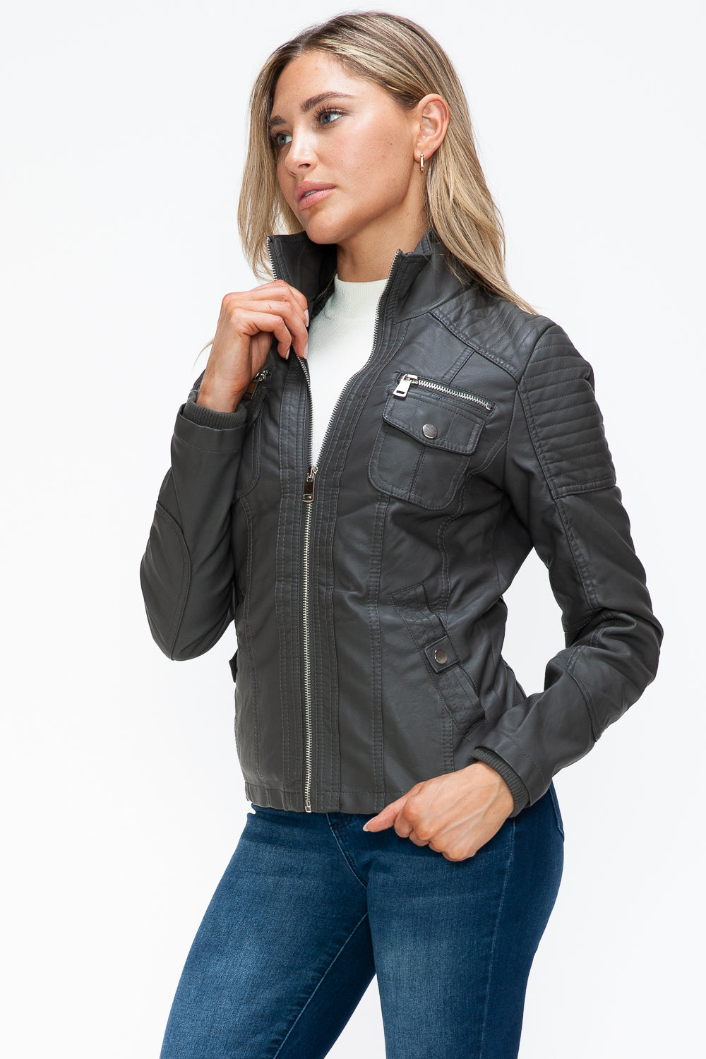 Removable Faux Layered Multi-Pocket Jacket (Charcoal)