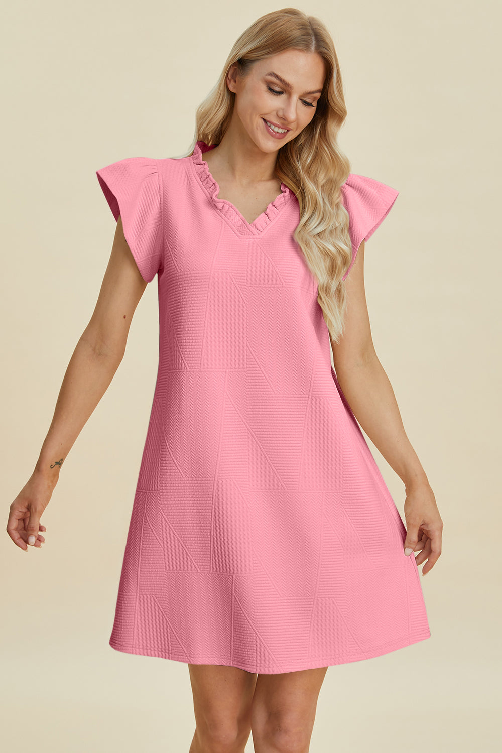 Ruffled V-Neck Cap Sleeve Dress