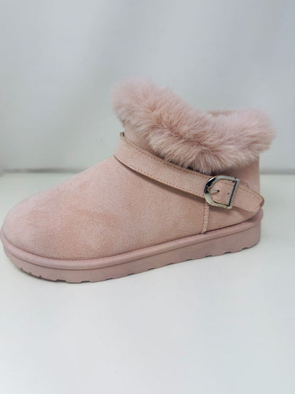 Faux-Fur Buckle Round Toe Booties