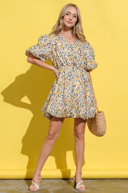 Floral Surplice Puff Sleeve Dress (Yellow)