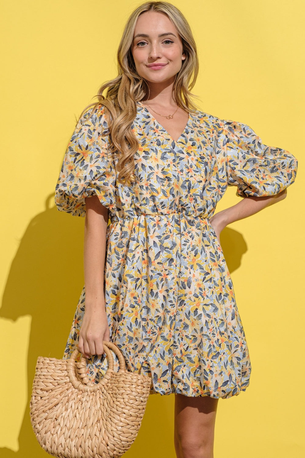 Floral Surplice Puff Sleeve Dress (Yellow)