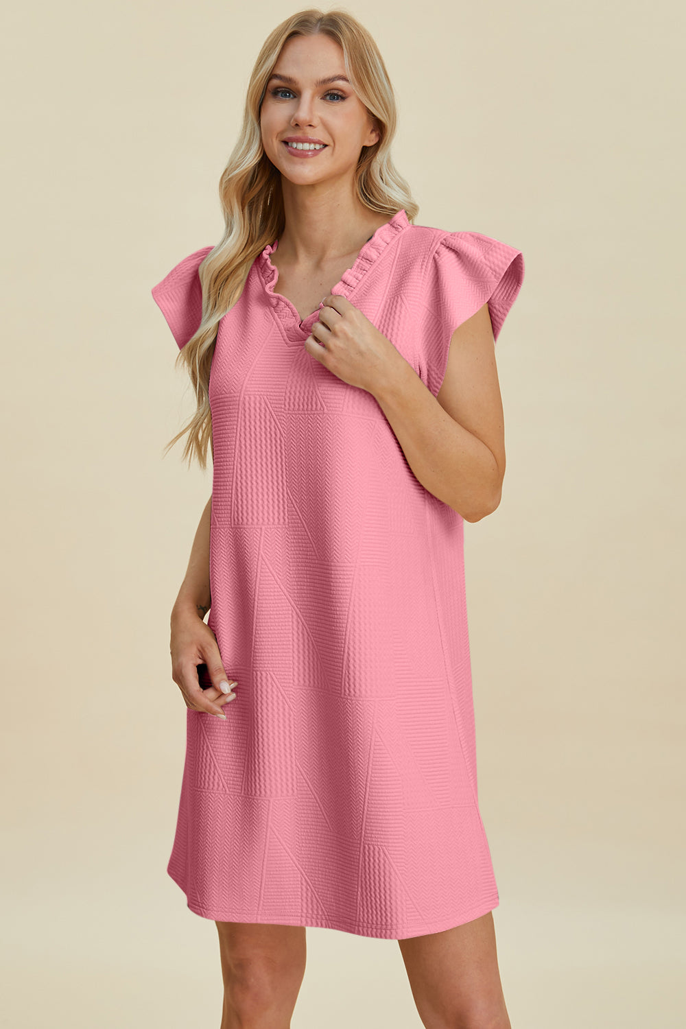 Ruffled V-Neck Cap Sleeve Dress