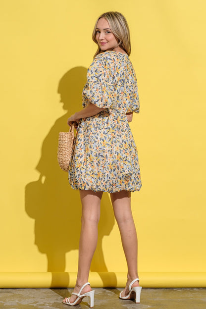 Floral Surplice Puff Sleeve Dress (Yellow)