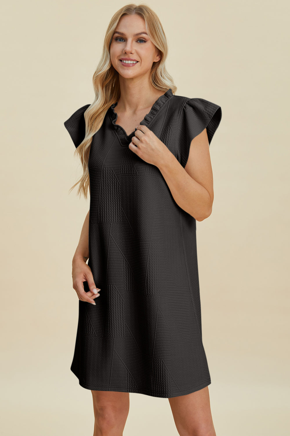 Ruffled V-Neck Cap Sleeve Dress