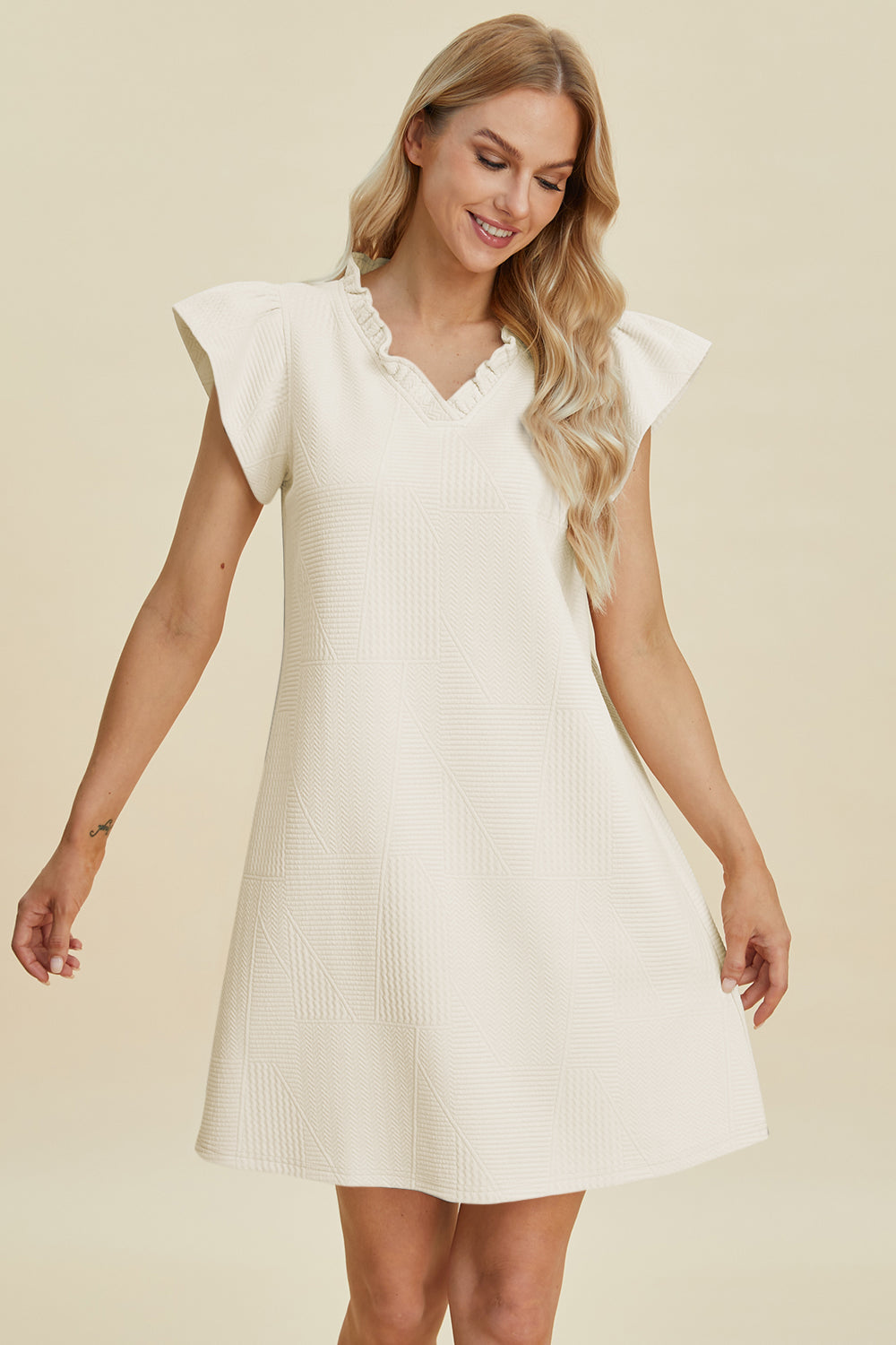 Ruffled V-Neck Cap Sleeve Dress