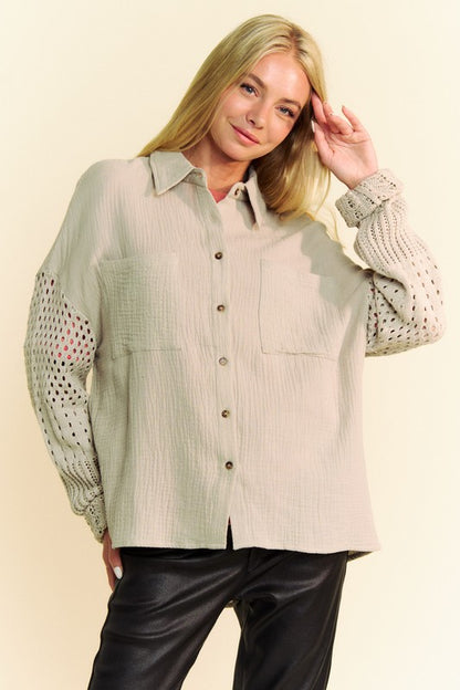 Davi & Dani Crochet Sleeve Crinkled Texture Shirt