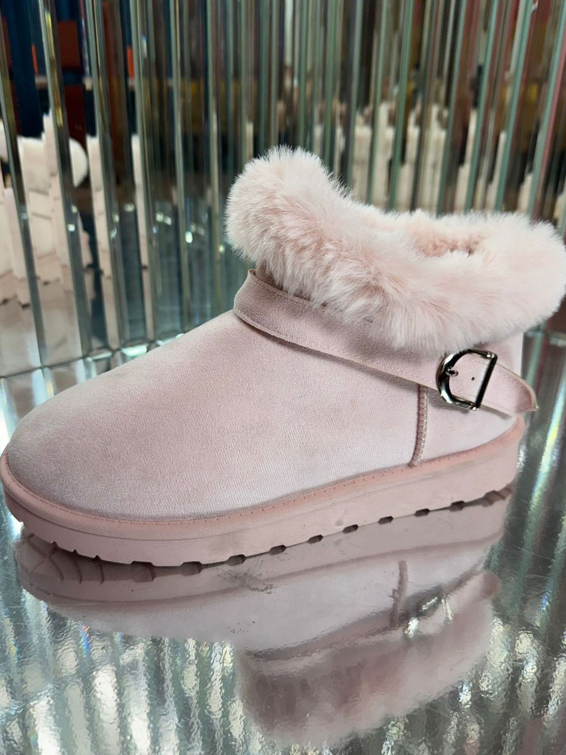 Faux-Fur Buckle Round Toe Booties