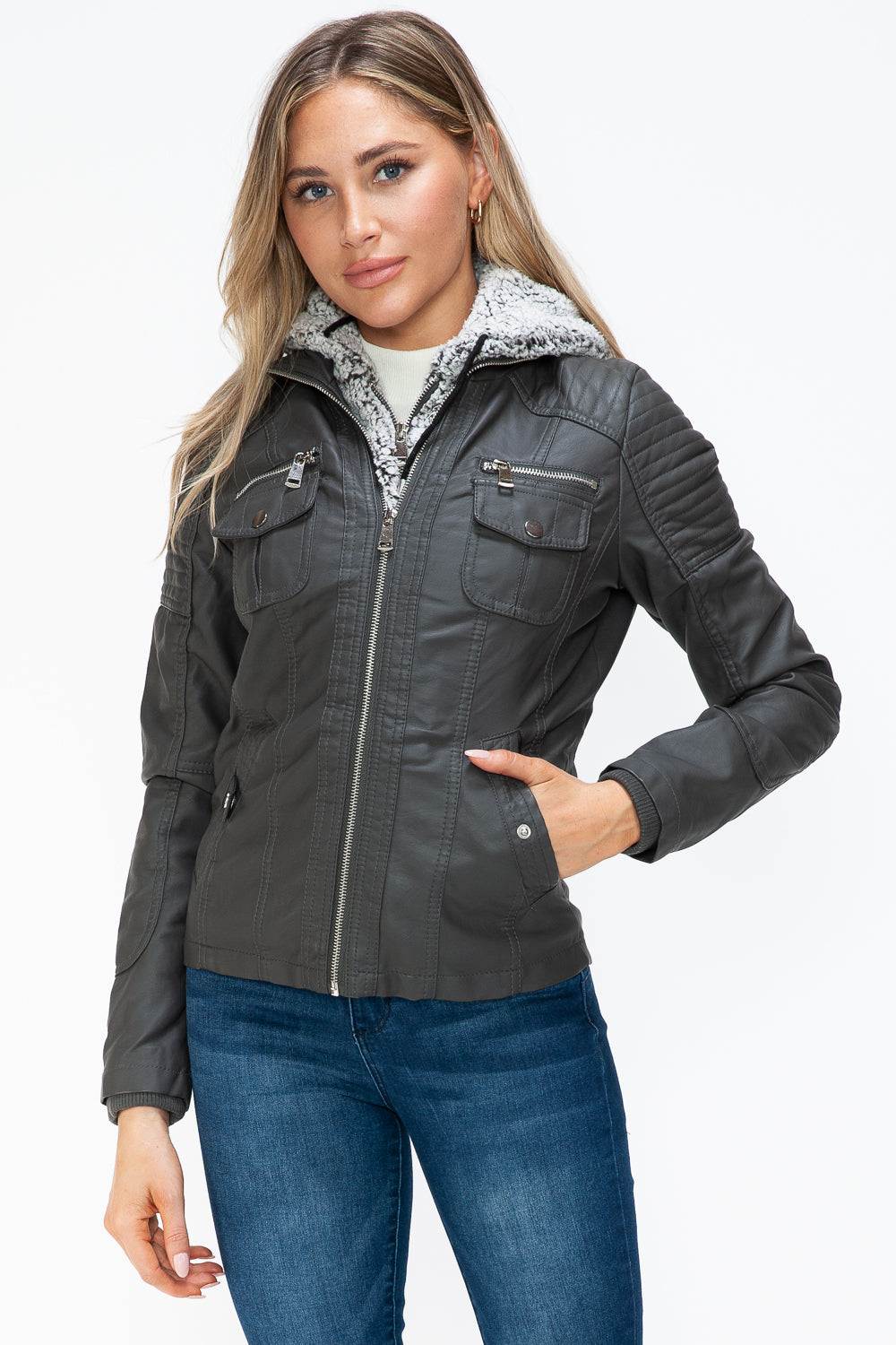 Removable Faux Layered Multi-Pocket Jacket (Charcoal)