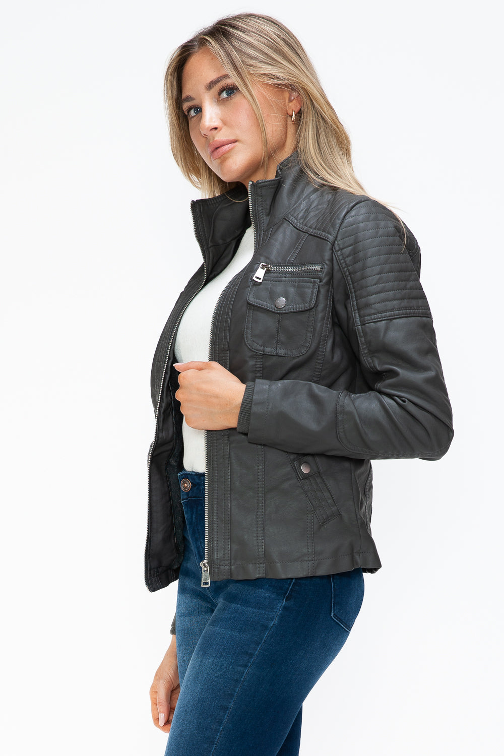 Removable Faux Layered Multi-Pocket Jacket (Charcoal)