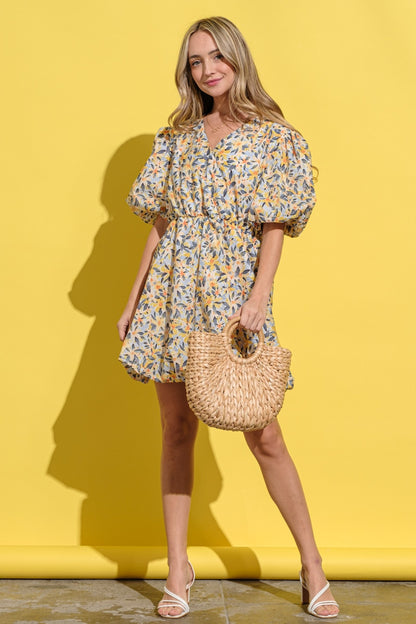 Floral Surplice Puff Sleeve Dress (Yellow)