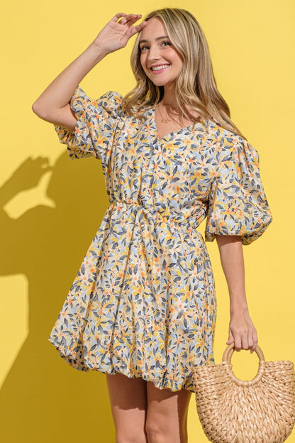 Floral Surplice Puff Sleeve Dress (Yellow)