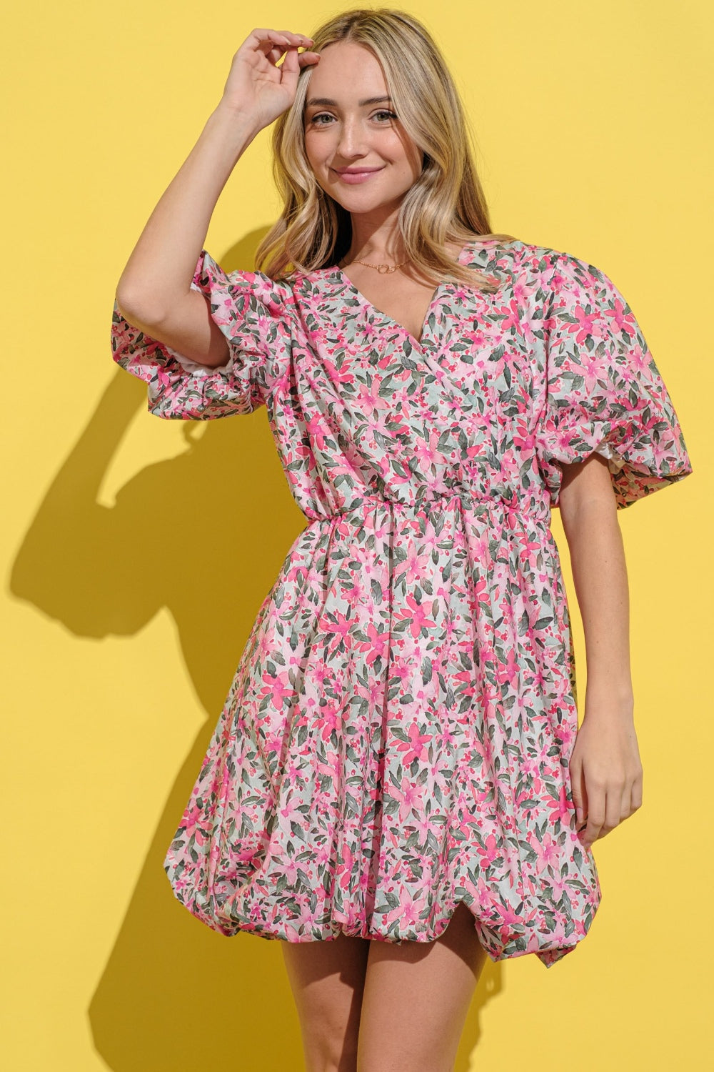 Floral Surplice Puff Sleeve Dress (Pink)