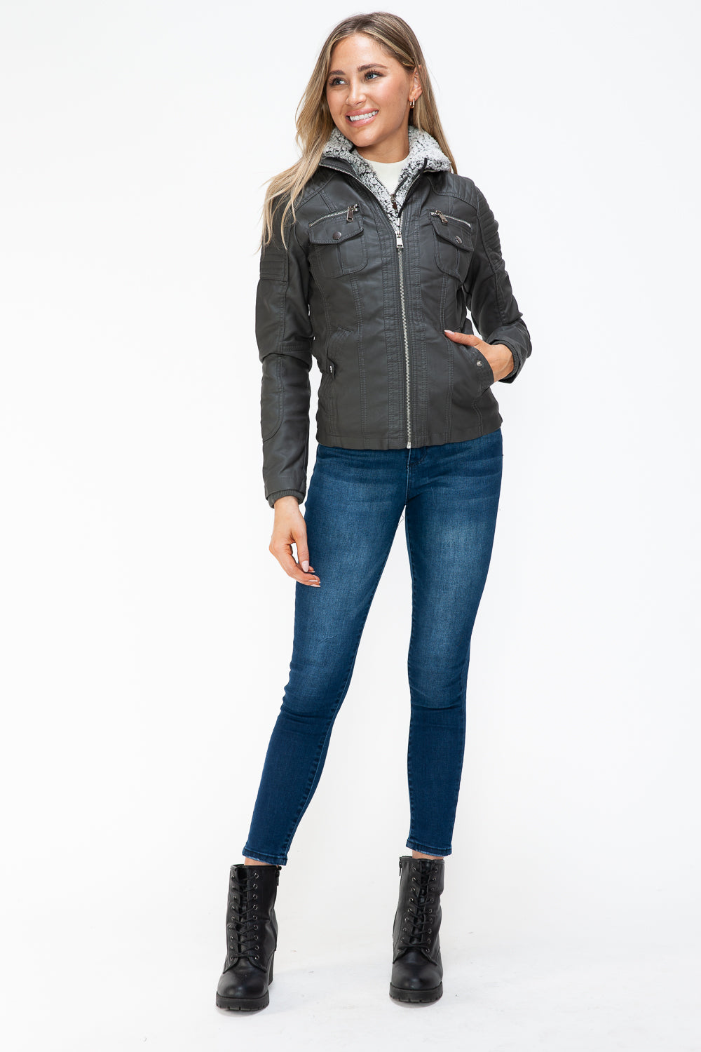 Removable Faux Layered Multi-Pocket Jacket (Charcoal)