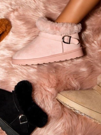 Faux-Fur Buckle Round Toe Booties