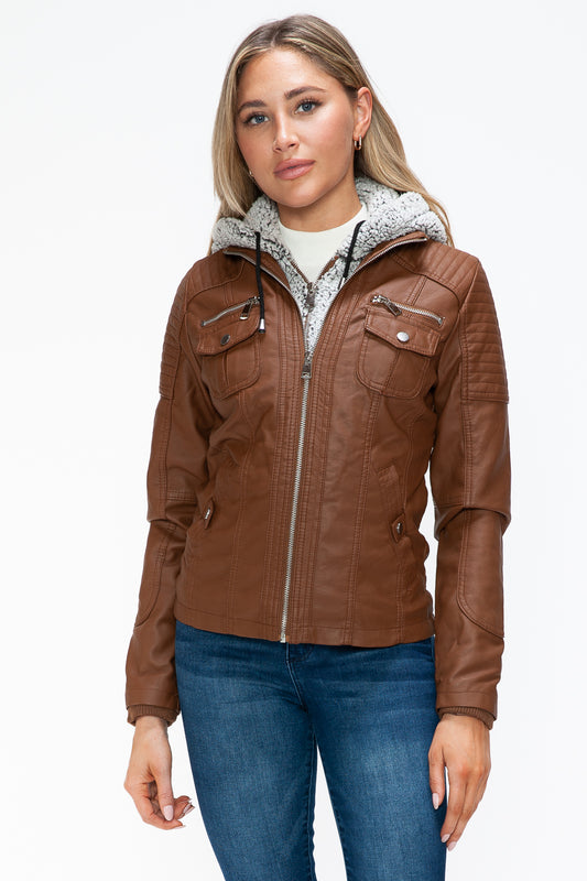 Removable Faux Layered Multi-Pocket Jacket  (Brown)