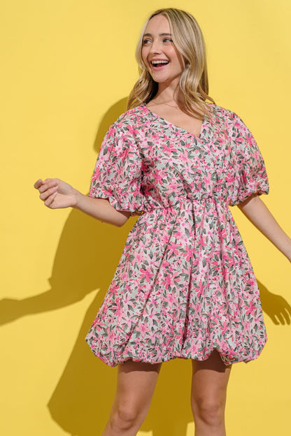 Floral Surplice Puff Sleeve Dress (Pink)