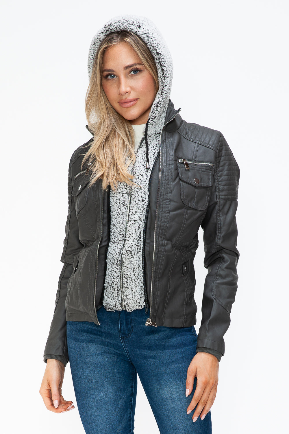 Removable Faux Layered Multi-Pocket Jacket (Charcoal)