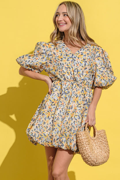 Floral Surplice Puff Sleeve Dress (Yellow)