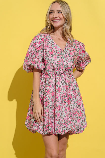 Floral Surplice Puff Sleeve Dress (Pink)