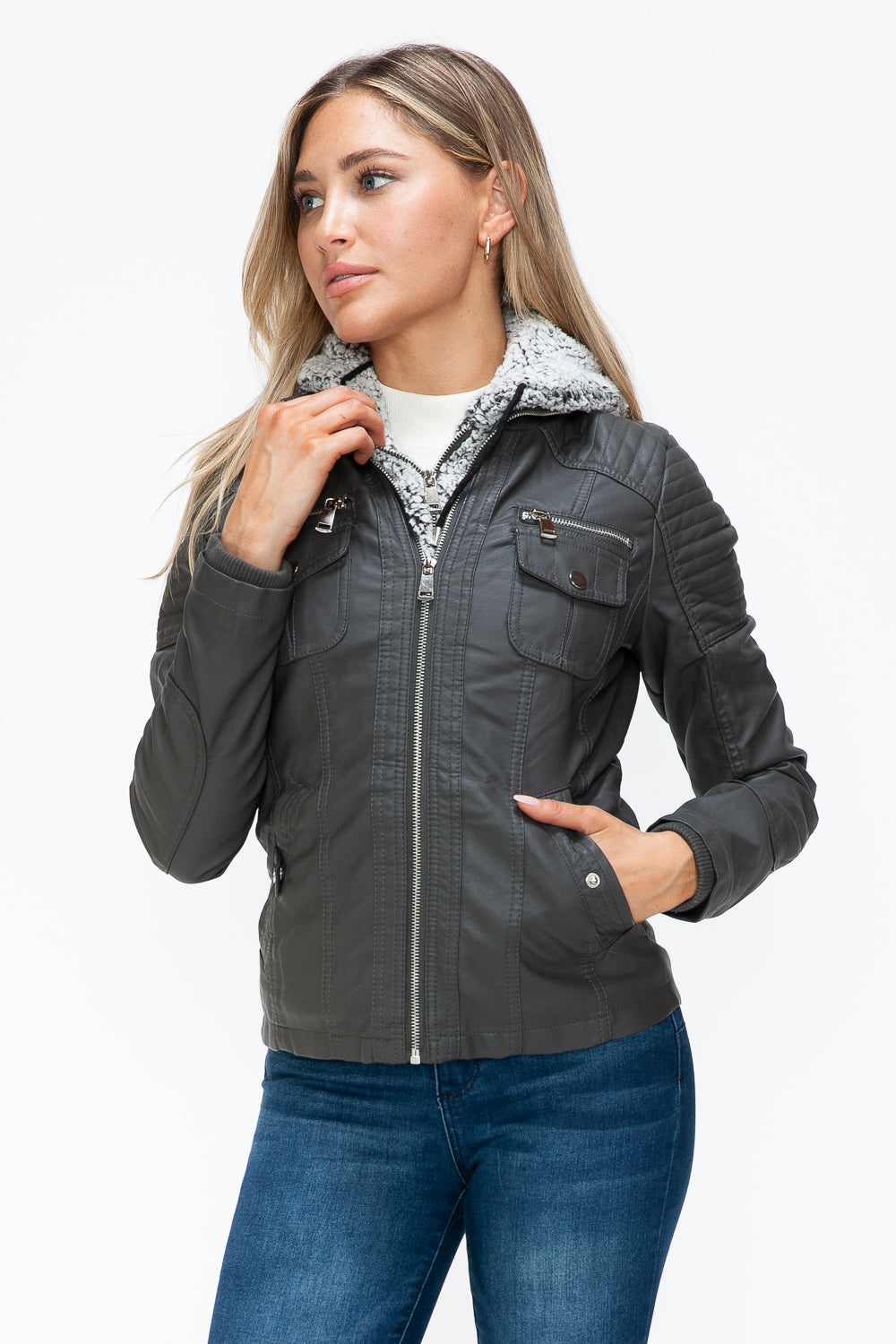 Removable Faux Layered Multi-Pocket Jacket (Charcoal)