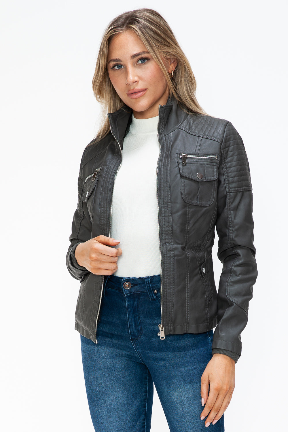 Removable Faux Layered Multi-Pocket Jacket (Charcoal)