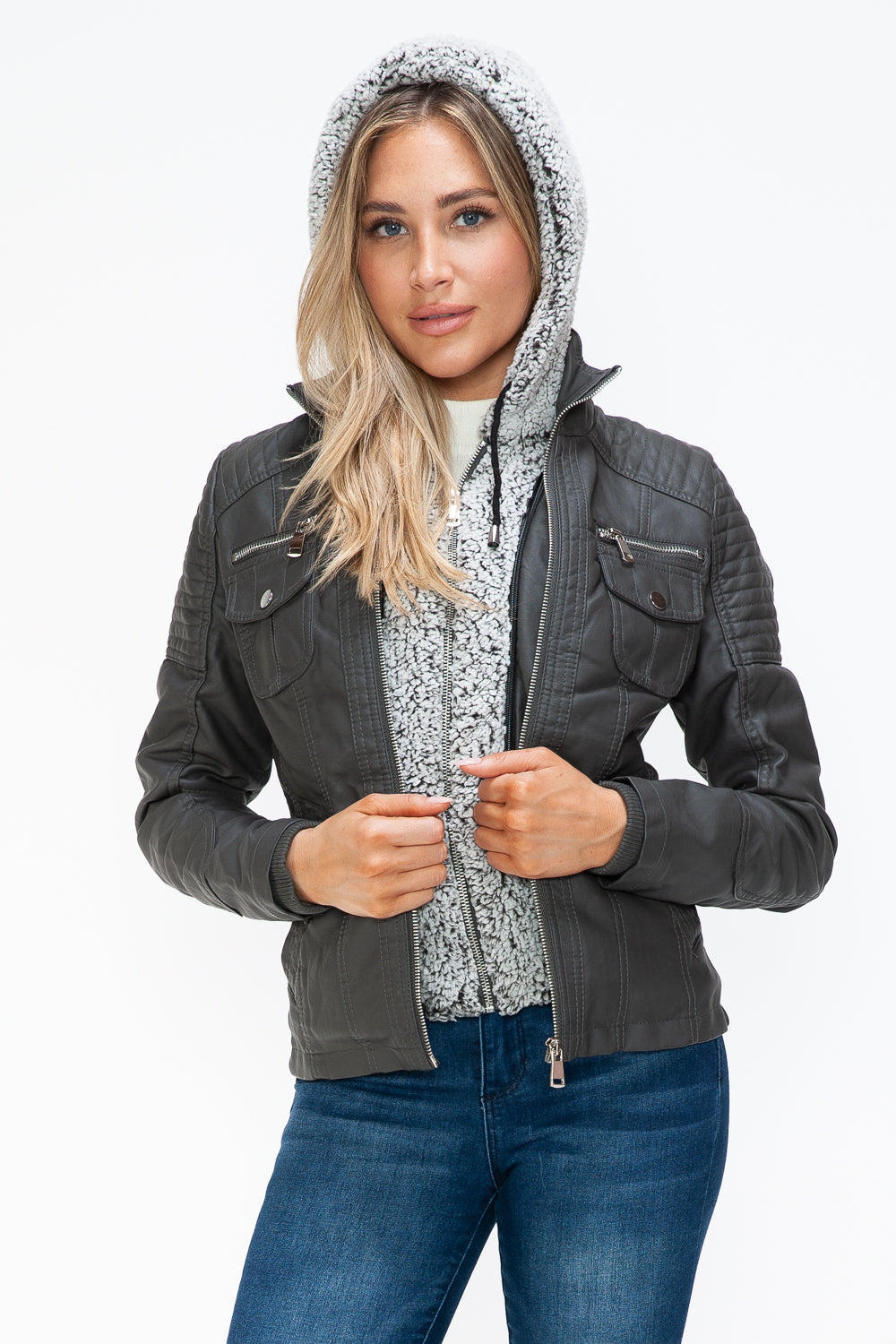 Removable Faux Layered Multi-Pocket Jacket (Charcoal)