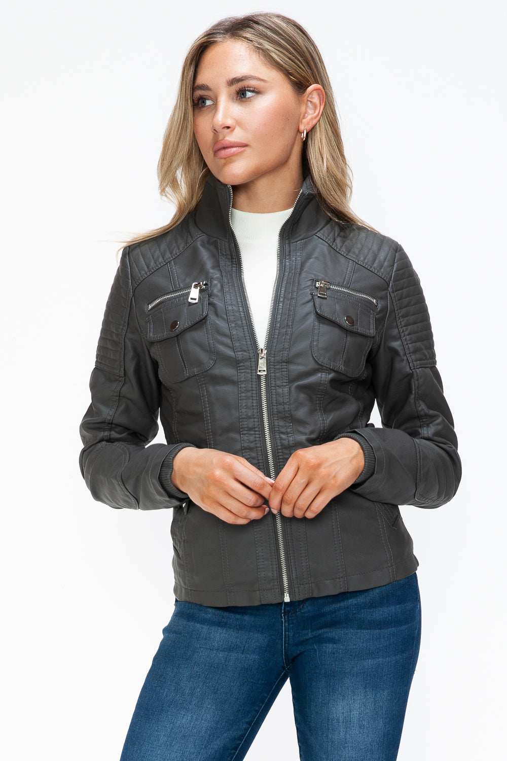 Removable Faux Layered Multi-Pocket Jacket (Charcoal)