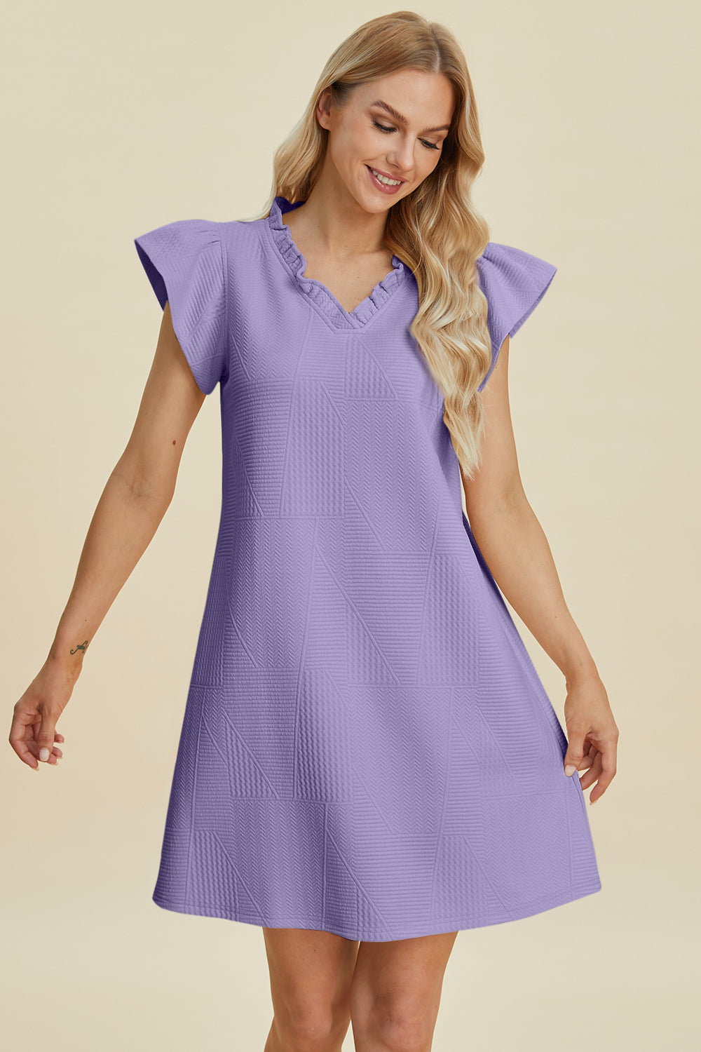 Ruffled V-Neck Cap Sleeve Dress